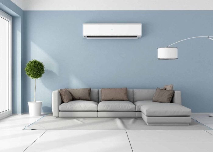Blue living room with  gray sofa and air conditioner on wall - 3D Rendering